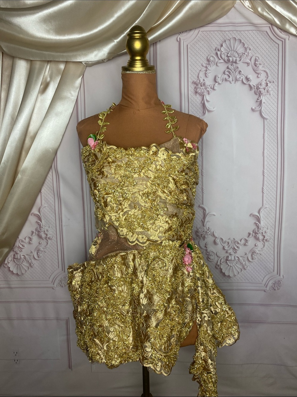 Fairy inspired Gold Beaded Lace Dress with small pink flowers